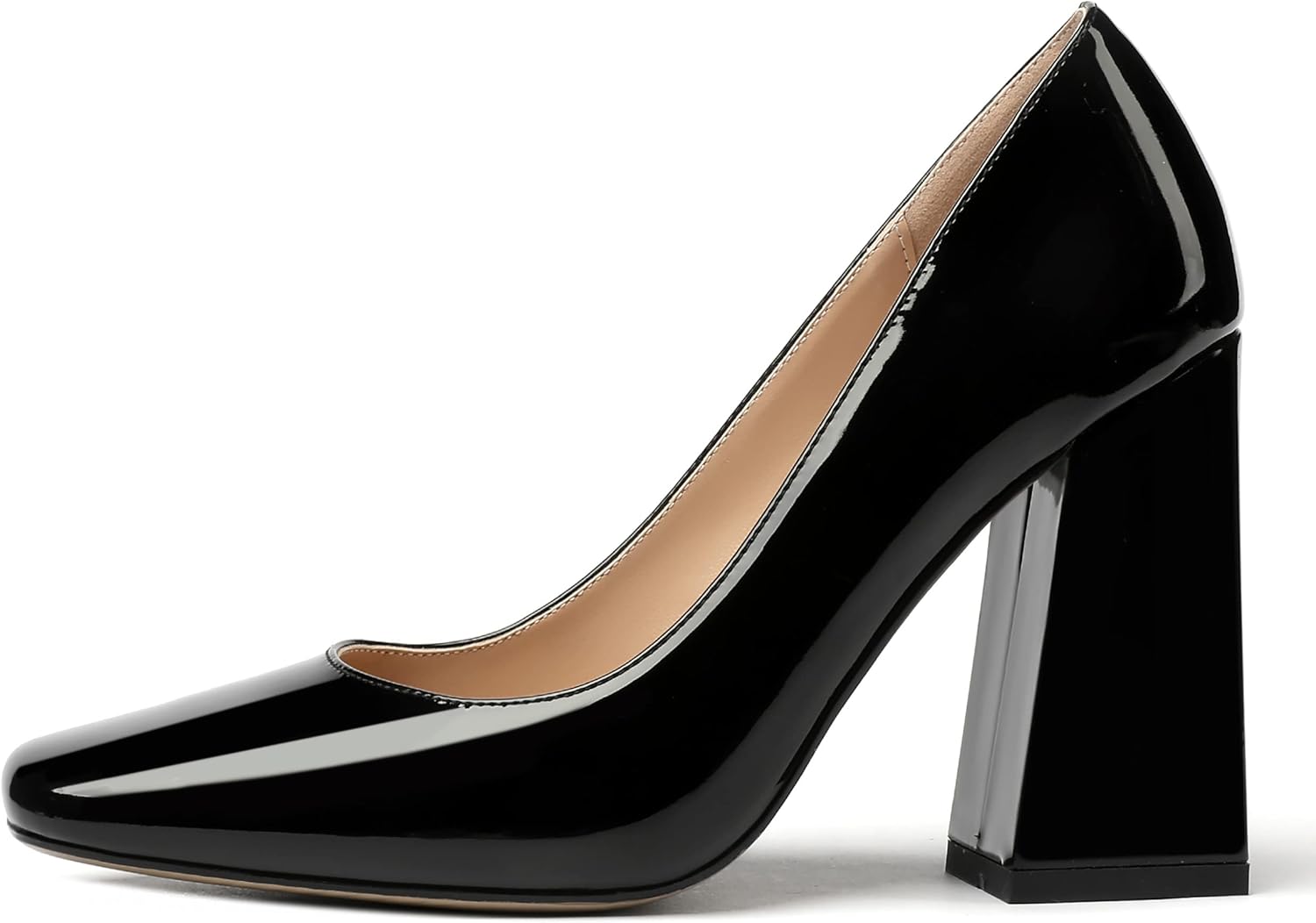 MERRORI Women's Patent Block Square Toe Solid Slip On Chunky High Heel Pumps Shoes 4 Inch - Image 2