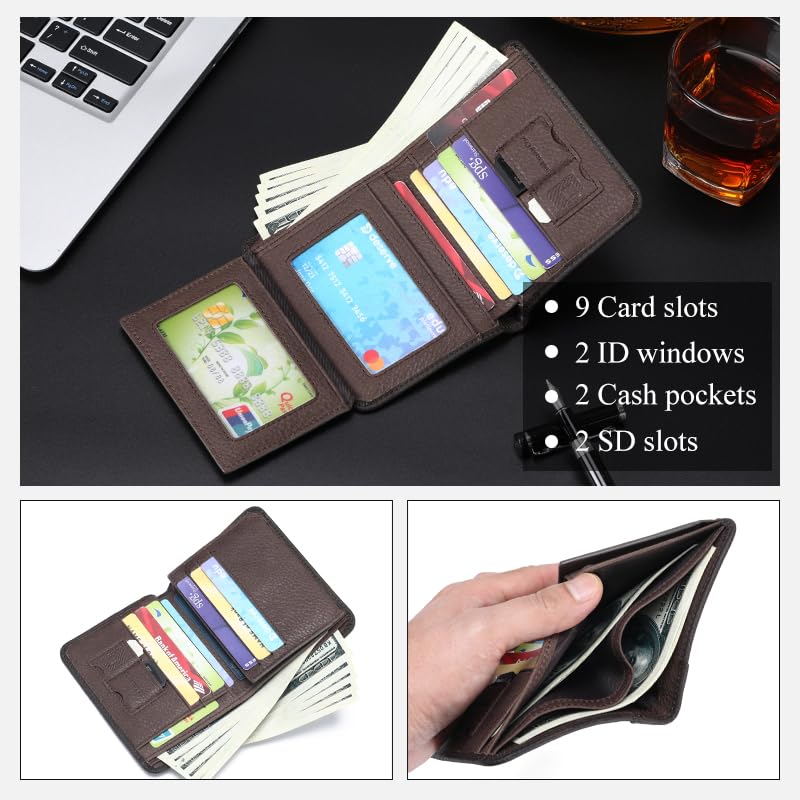 Slim Bifold Wallet for Men Genuine Leather RFID Blocking with 2 ID Windows 9 Card Slots, Brown3