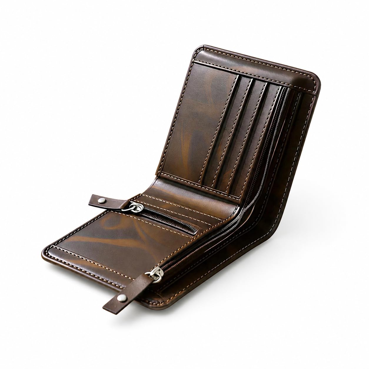 Faux Leather Wallet for Men | Bifold Wallet with Multiple Card Slots, Dual Zipper Pockets, Coin Pocket, Cash Compartments | Stylish Brown Men's Wallet | Slim Wallet for Office, Travel & Daily Use-image-44