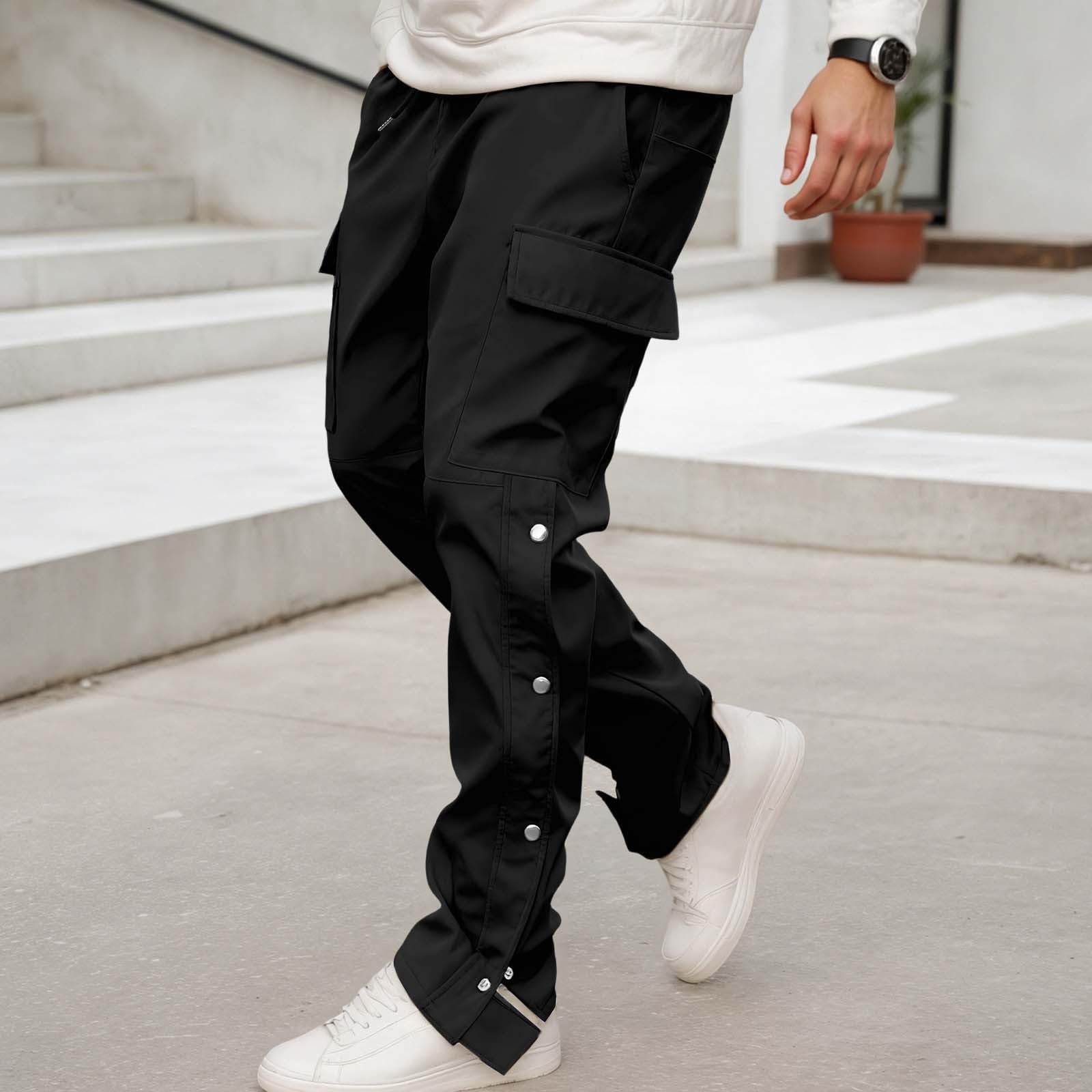 Genérico Pantalones casuales al aire libre con cierre de botones laterales y ranuras. Pantalones holgados funcionales para una comodidad diaria.