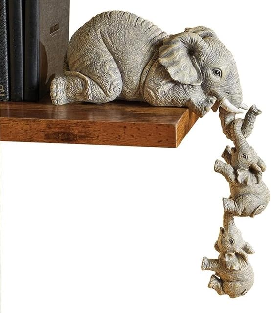 LSHK 3 Set Elephant Shelf Sitter, Mother Elephant Hanging 2 Baby Elephants on the Edge, Mantelpiece Decoration, Hand-Painted Resin Collectable Figurines for Home Decor Gift, Grayish Brown