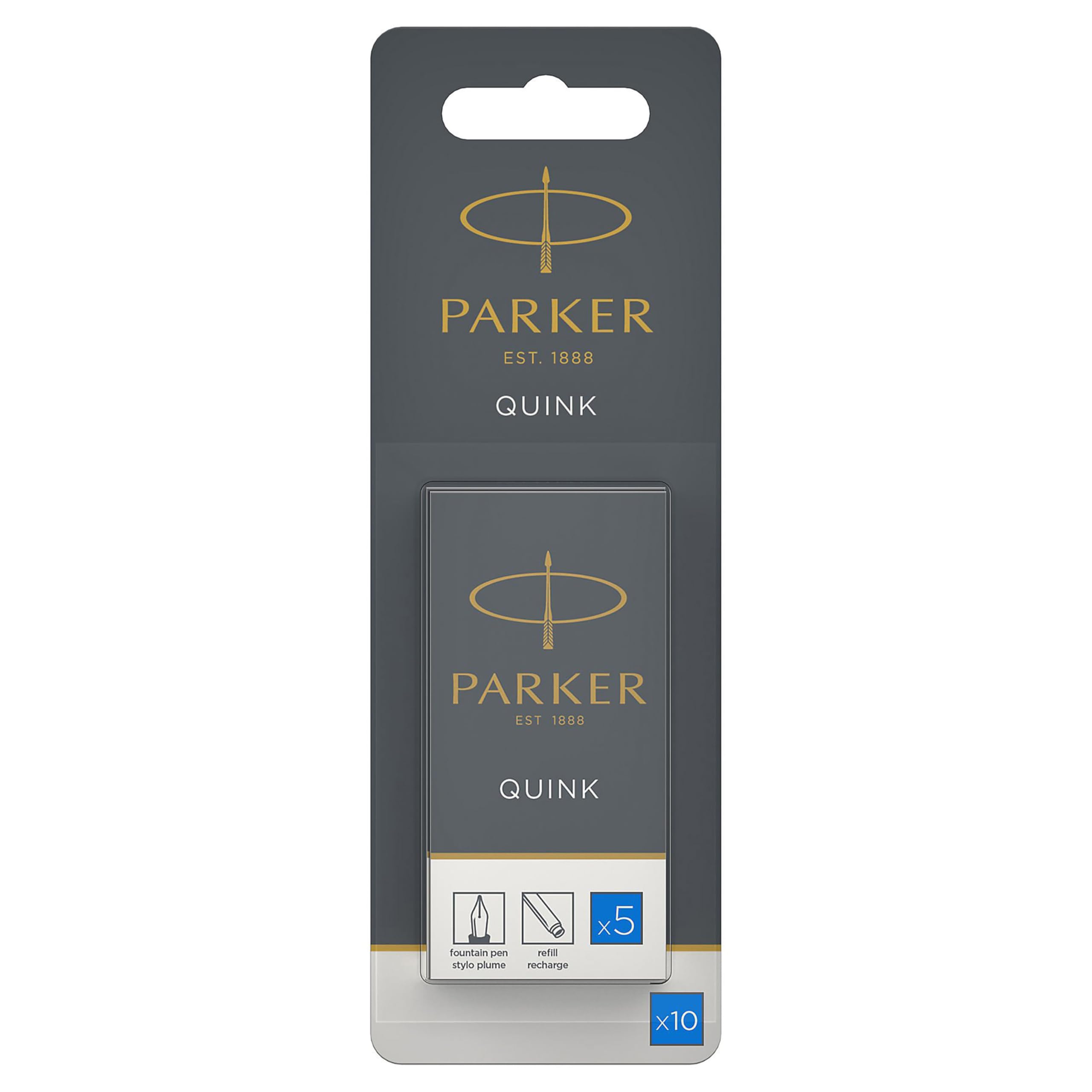 Parker Fountain Pen Ink Refill Cartridges | Long | Washable Blue QUINK Ink | 10 Count (Blister)