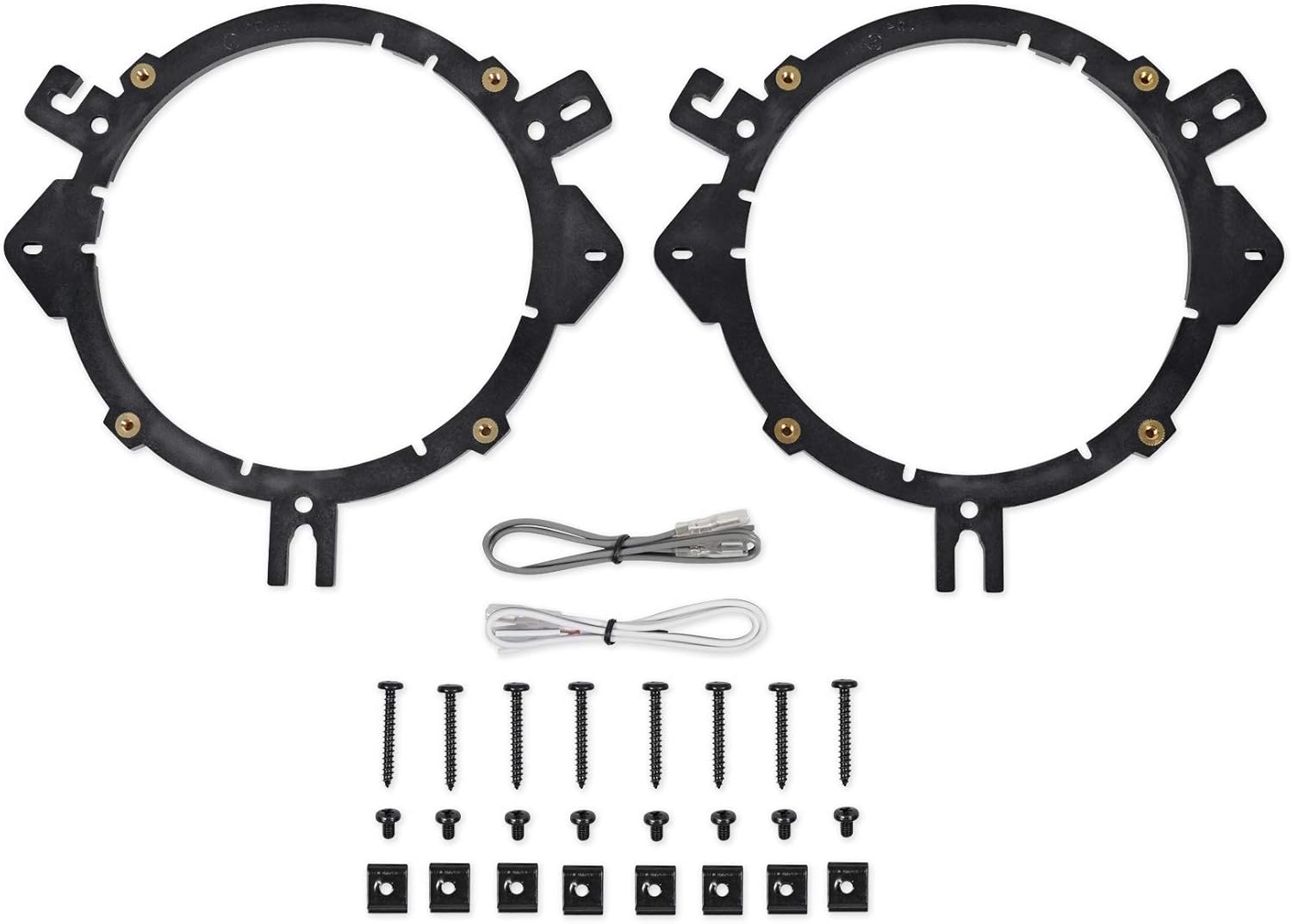 Speaker mounting adapters, wiring harnesses, and screws