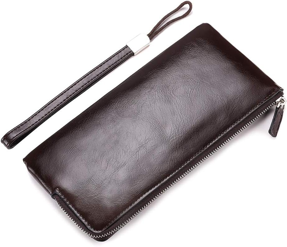 Minimalist Leather Wallets for Men Long Bifold Wallet Zip Around Clutch Travel Purse for Checkbook, Smartphone, Cash