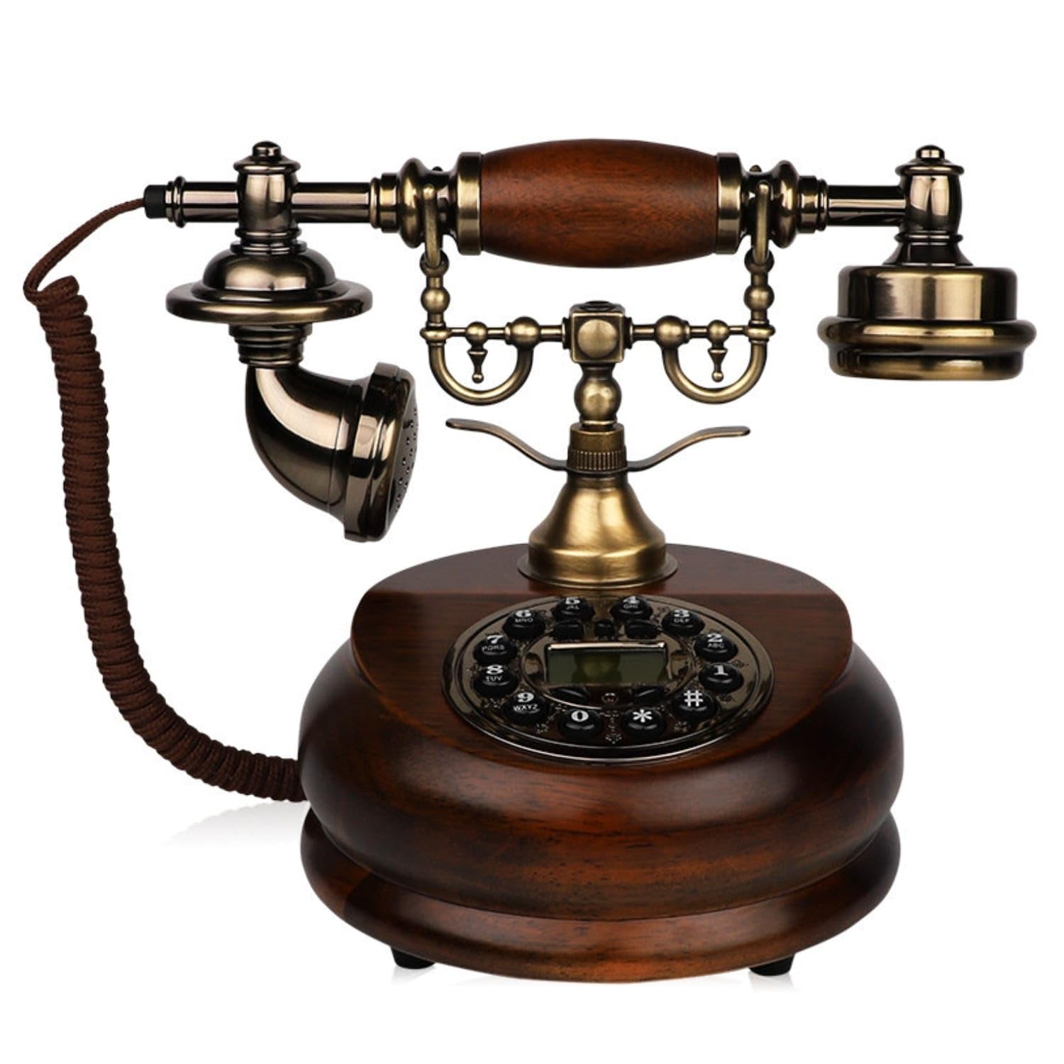 Wood-Grain Vintage Corded Desk Phone Brass-Tone Classic Corded Desk Telephone Compact Retro Landline Telephone Nostalgic for Study, Office, Reception Area, Wired Push-Button-image-49