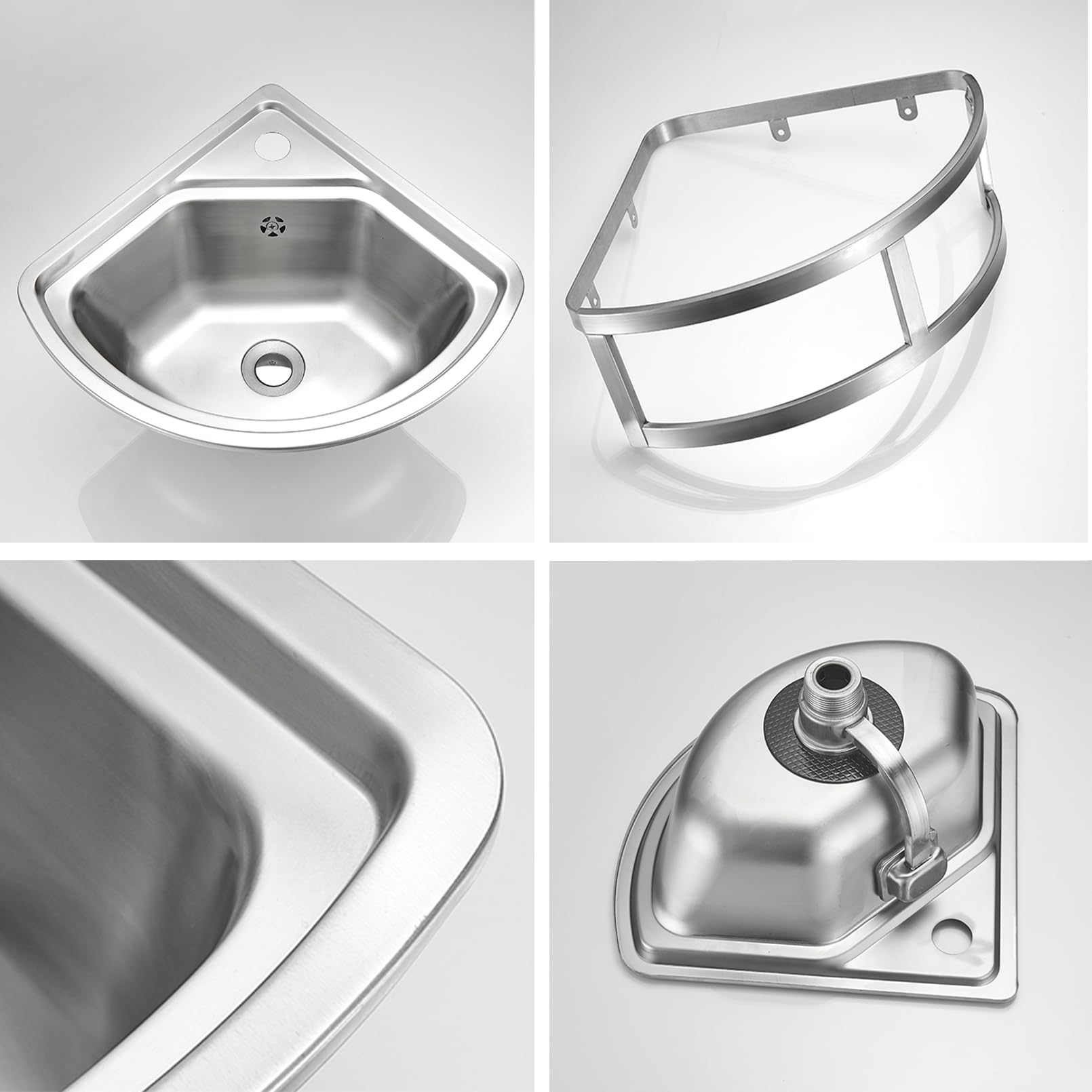 Lavabo angolare da parete in acciaio inox con rubinetto, moderno lavabo per bagno o bar, design salvaspazio per camper e piccoli spazi