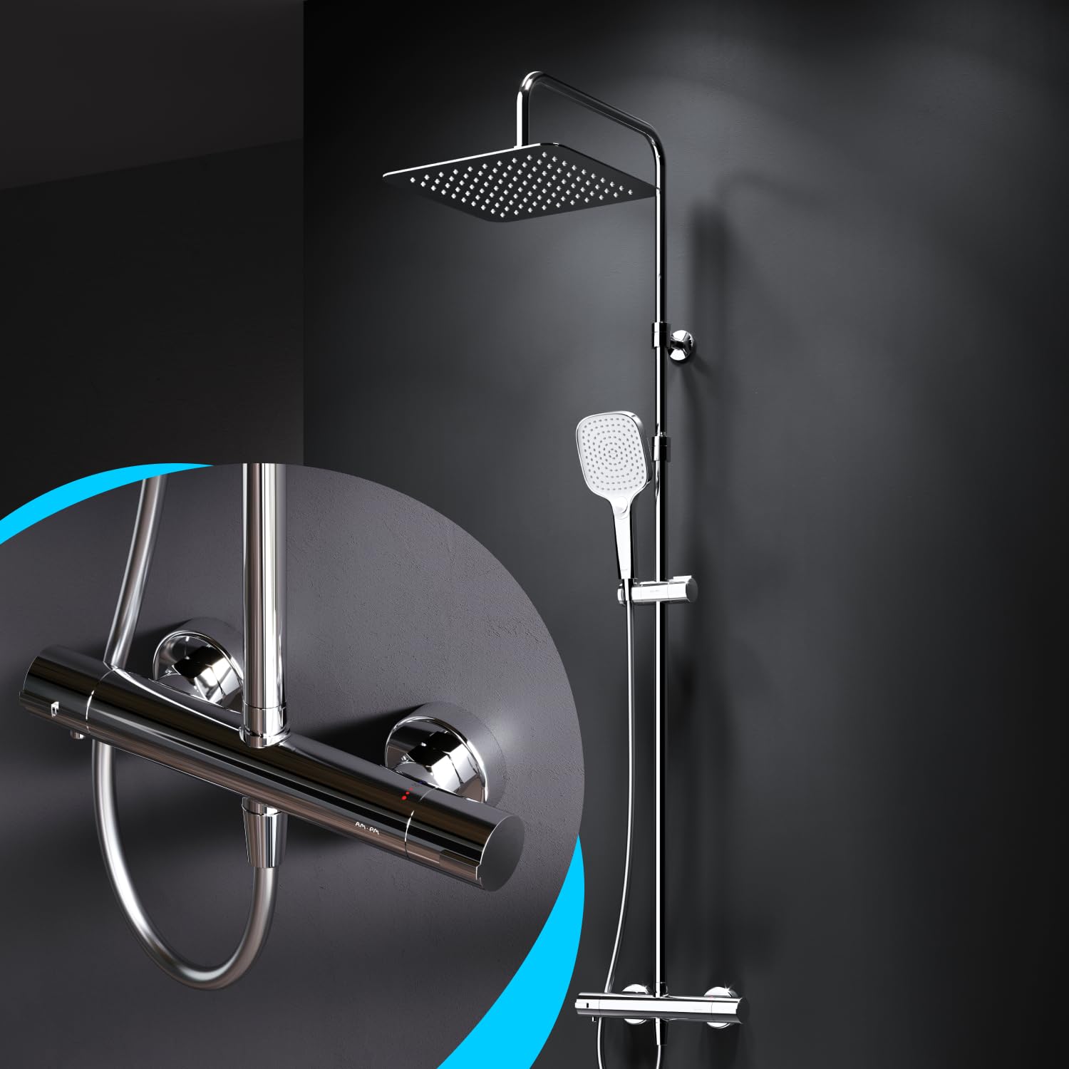 AM.PM X-Joy Duschsystem mit Thermostat & Wanneneinlauf, Komplettes Duschset mit Regendusche 30 cm & Handbrause, höhenverstellbare Duschsäule 103–146 cm, Brauseschlauch 1750 mm, Chrom, Anti-Kalk