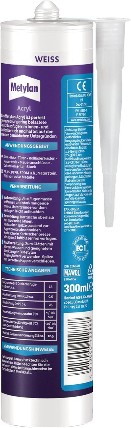 Metylan Wand & Decke Acryl, Kartusche, weiß, 6x 300ml | Acryl-Dichtmasse für perfekte Wand- & Deckenanschlüsse – überstreichbar & flexibel