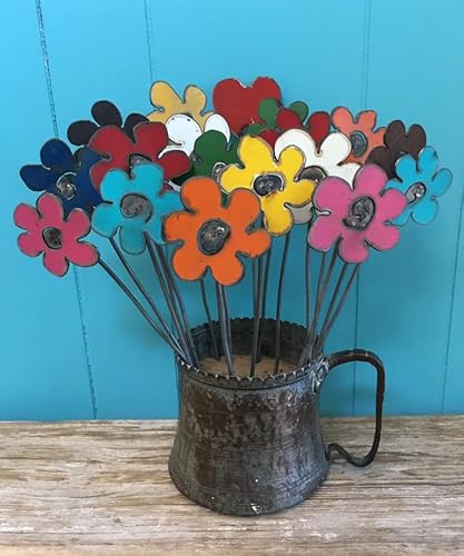 Rustic Recycled Metal Flower Garden Stake, Handcrafted Decorative Yard Art,