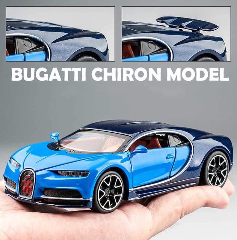 Image of Kids Model 1:32 Bugatti Chiron Die Cast Metal Car Pull Back Action Opening Doors with Realistic Engine Sound Lights Toy Car Gift for Boys - Blue