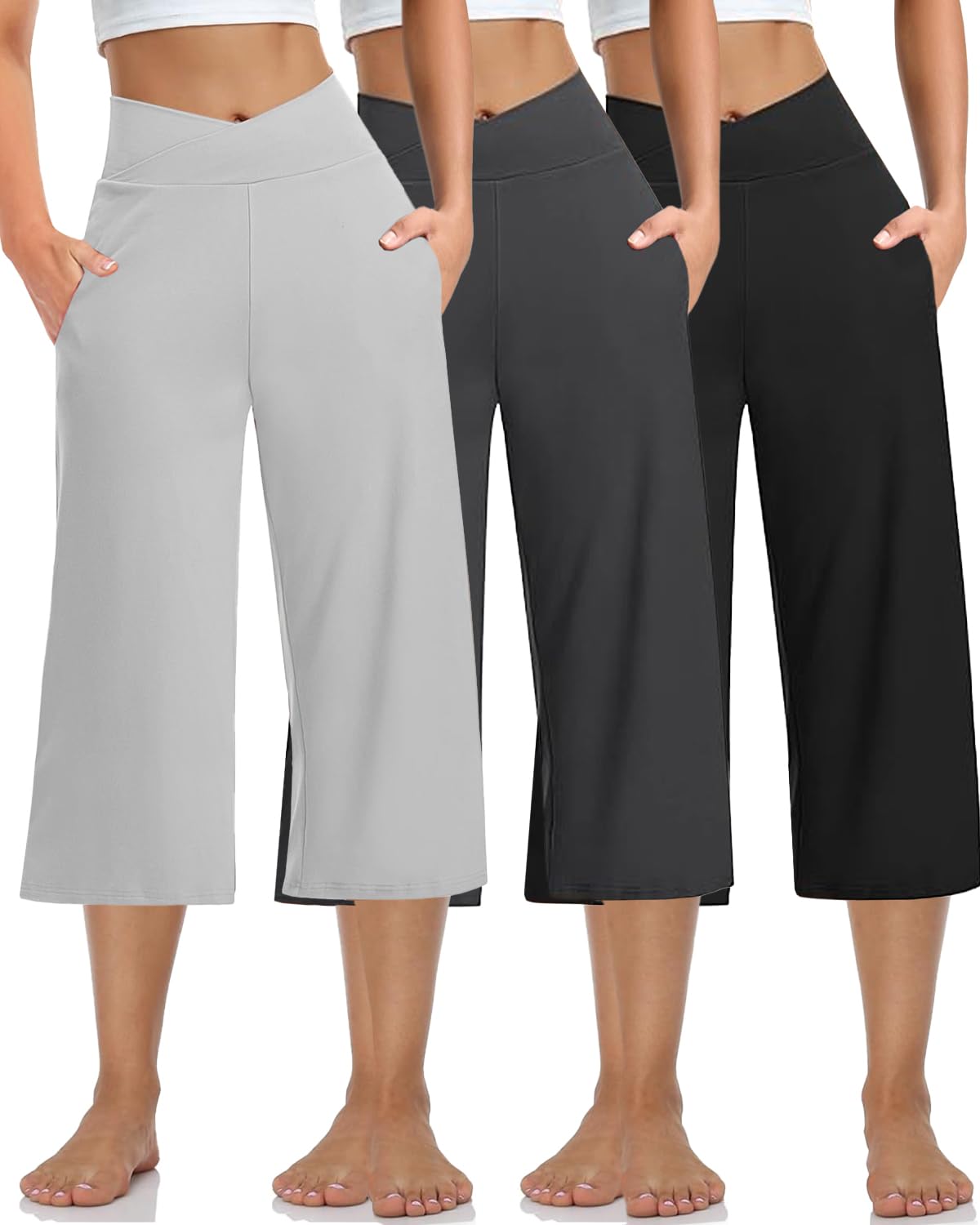Kivdol 3 Pack Womens Wide Leg Yoga Capris Crossover High Waist Casual Capri Pants Loose Soft Pajama Pockets Sweatpants