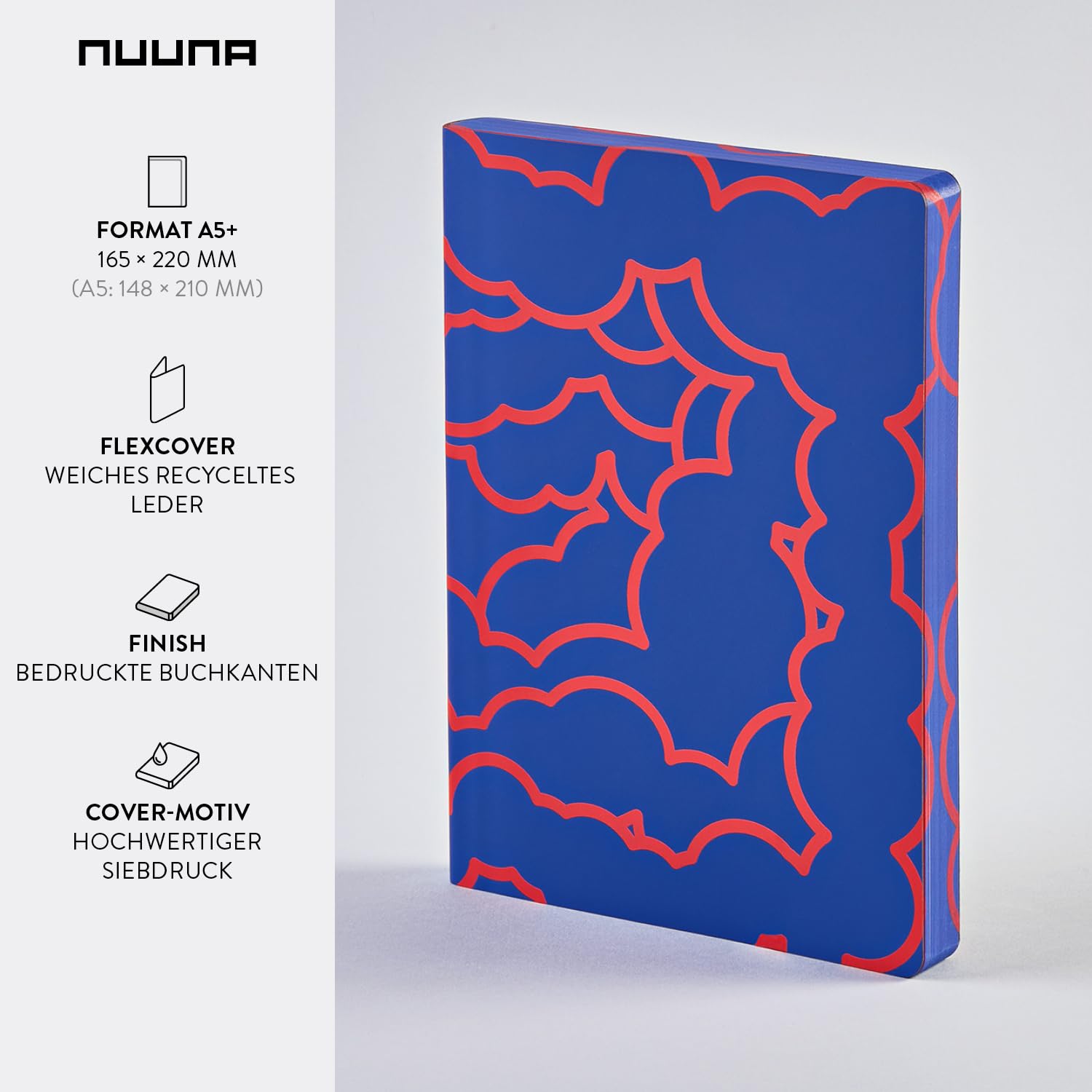 Nuuna Notizbuch A5+ | Graphic L - Heaven | 3,5 mm Punktraster | 256 nummerierte Seiten | 120 g Premium-Papier | Leder blau | nachhaltig produziert in Deutschland