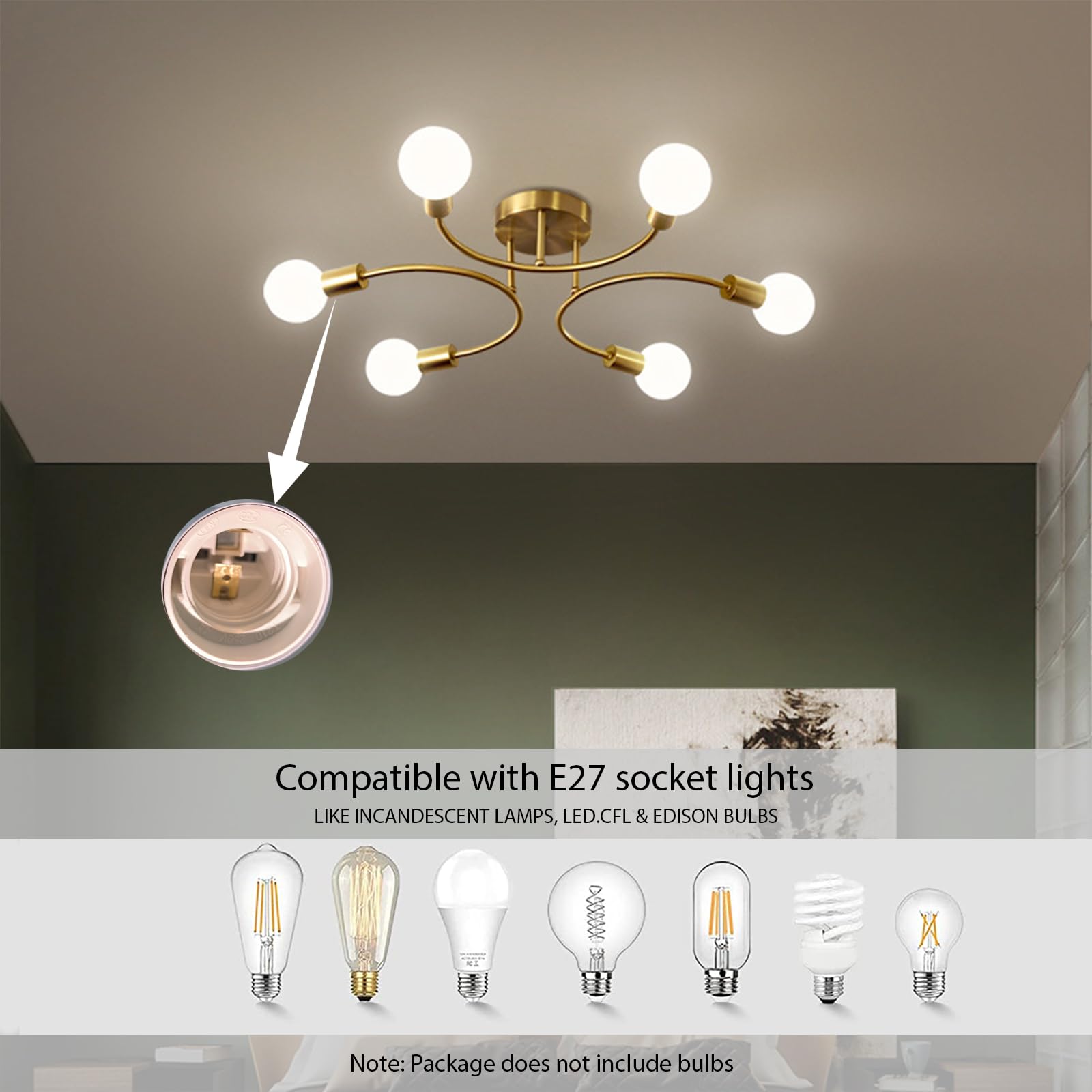 Lámparas de Techo Retro,6 Luces Lámparas de Techo industriales,Plafon Sputnik E27,Lámpara de Araña Dorada para Dormitorio,Sala de Estar,Cocina,Comedor,Ø70CM(Sin Bombilla)