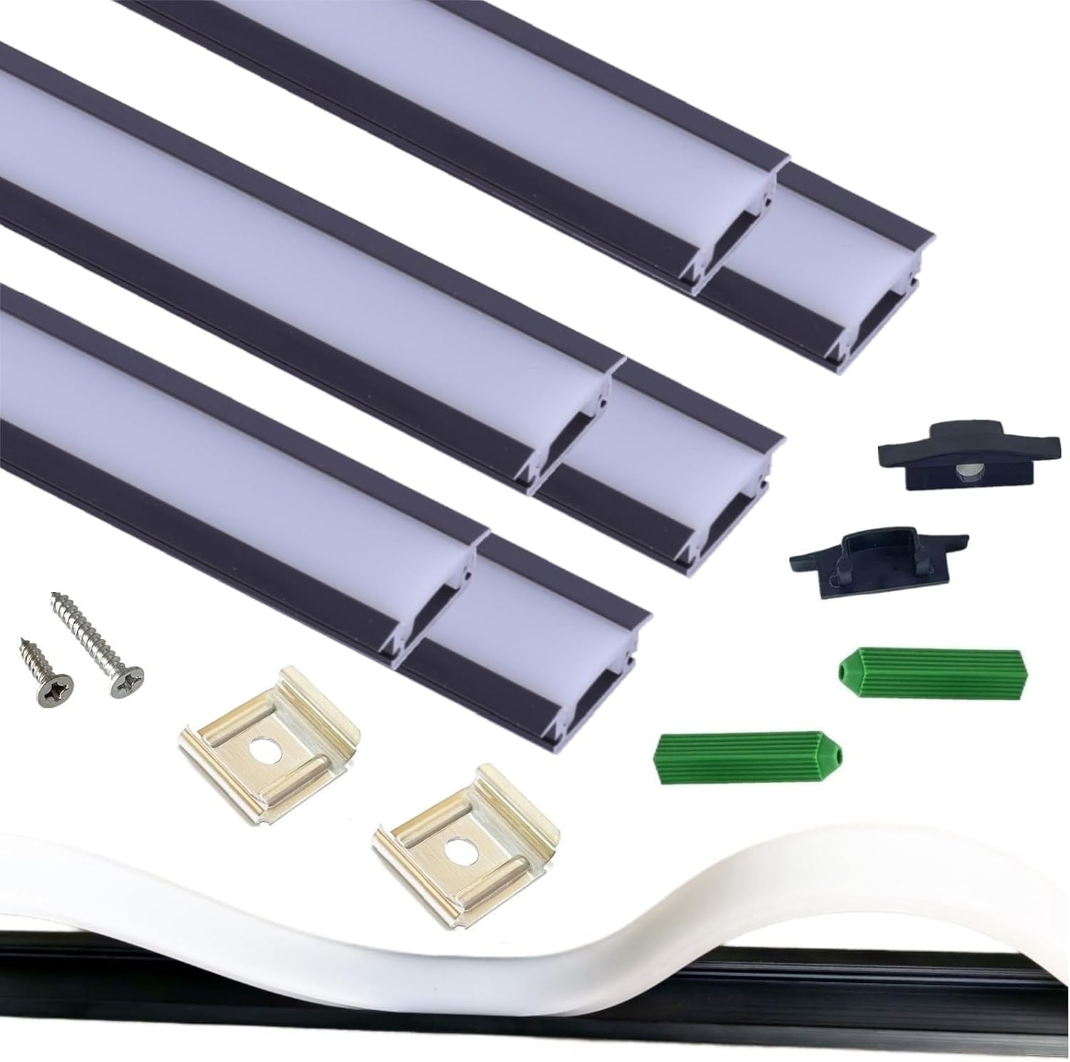 6-Pack 3.3FT Recessed Strip Black Channel With Continuous Silicone Diffuser, Flexible Seamless Cover LED Ribbon Tape Track, Wardrobe Bookcase Wine Cabinet Embedded Aluminum Low Profile (6, Black) 6 Black