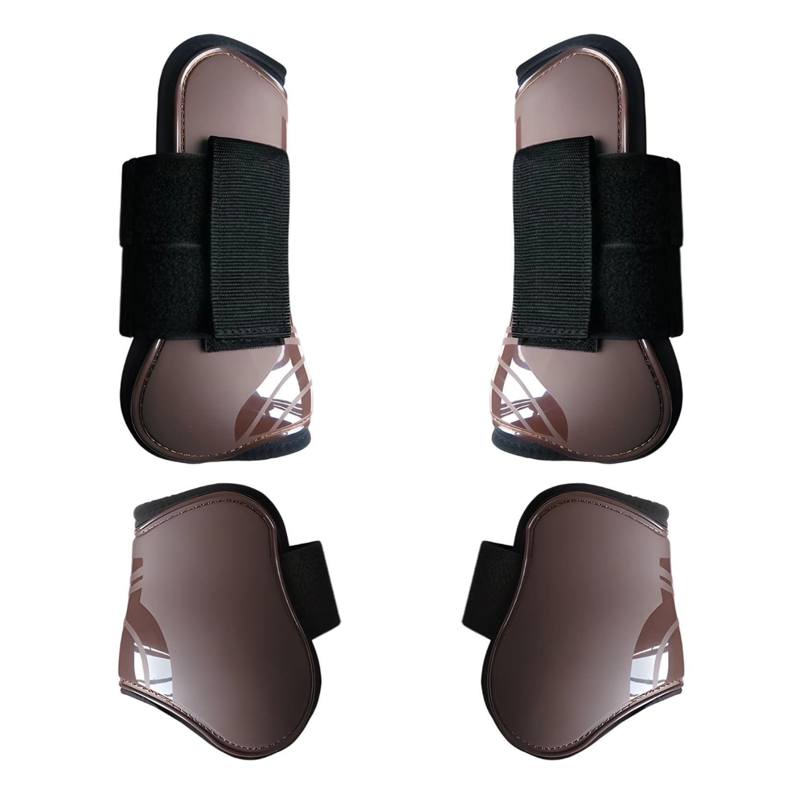 Pferdebeinschutz-Set, vorne offen und Streichkappen, PU-Sehnenstiefel, braun, Springen und Dressur, vorne 26,7 x 11,7 cm, hinten 15,9 x 12,4 cm, 4 Stück