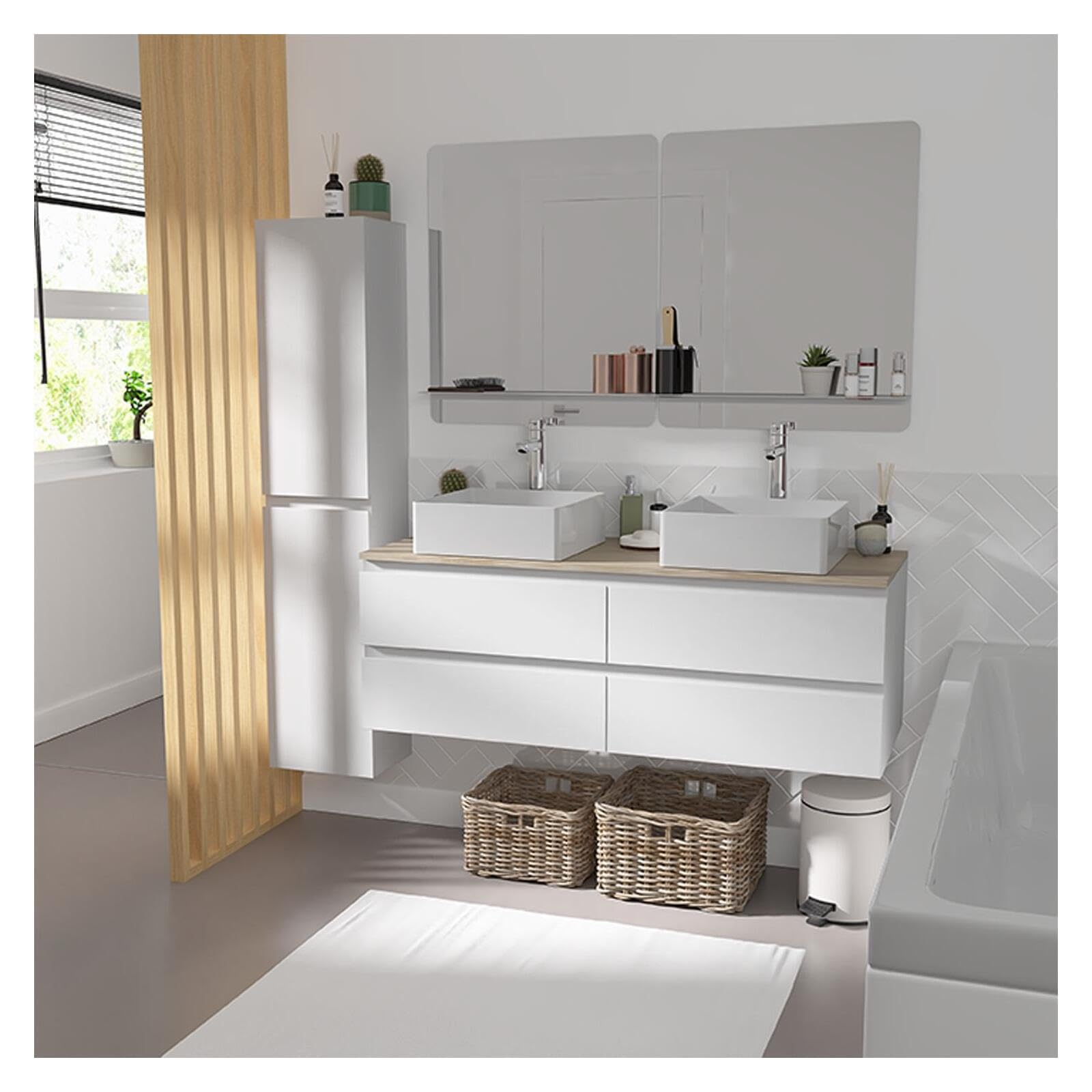MOB-IN Set mobile doppio lavabo bianco 120 cm + 2 lavabi + 2 specchi + 2 rubinetti + colonna Sorrento
