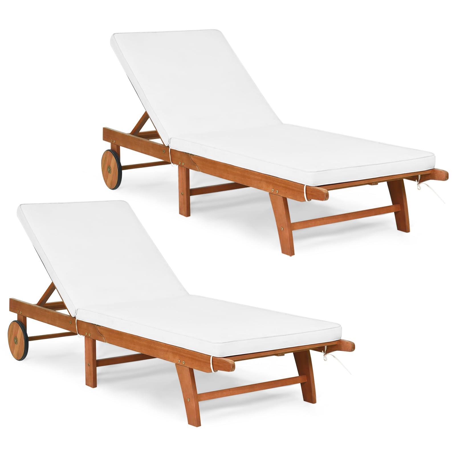 RELAX4LIFE Tumbona Plegable de Madera Eucalipto con 2 Ruedas y Respaldo Ajustable en 6 Alturas, Tumbona Jardín con Cojín Extraíble para Balcón y Terraza, Carga 160kg, 195x68x30-90cm, Beige (2 Piezas)