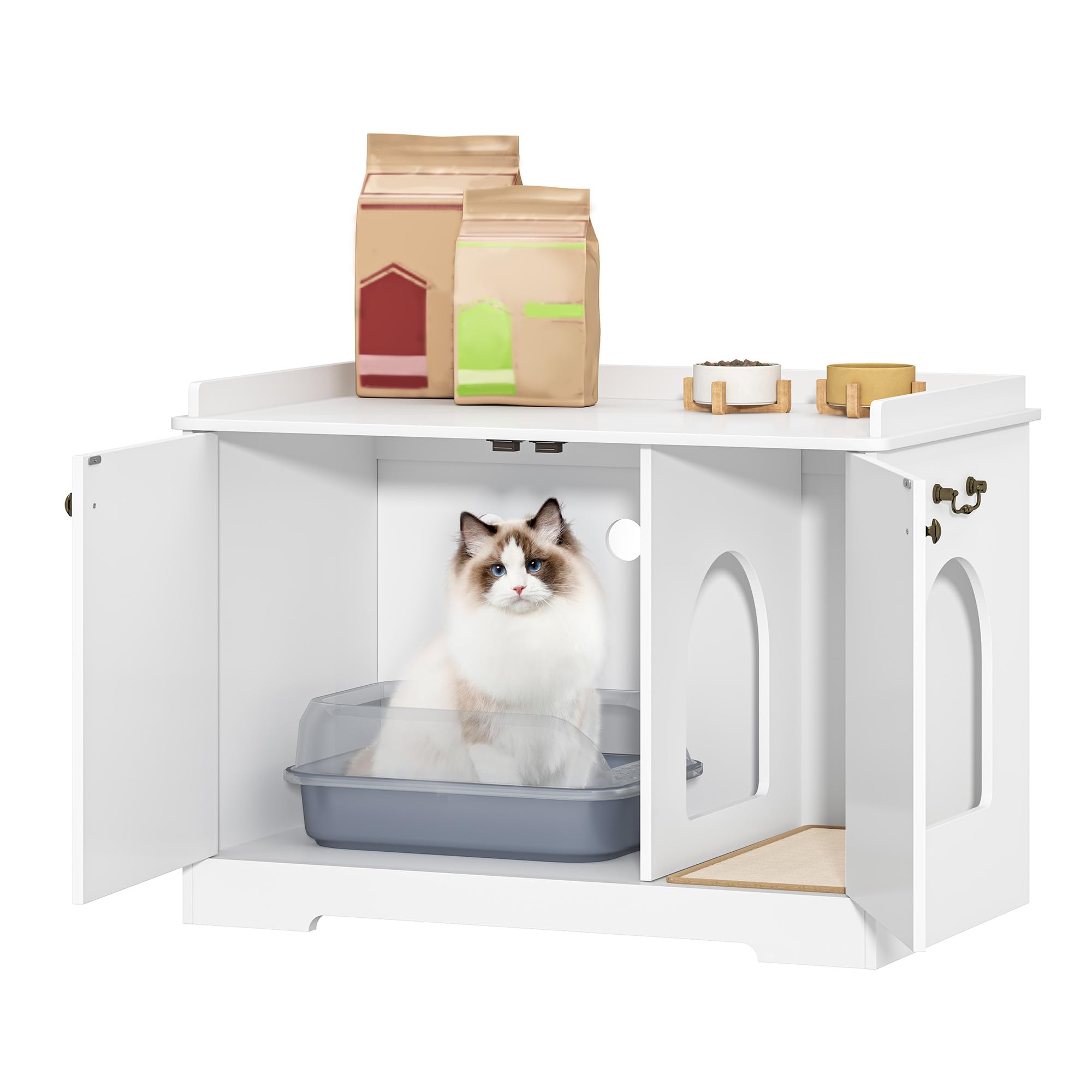 Hzuaneri Armario para Gatos con Asas, Armario para Bandeja Sanitaria, Caseta para Gatos con Puerta, Mesa Auxiliar de Madera para la Caseta de Mascotas, 50 x 80 x 57cm, Robusto, Blanco CB05703X