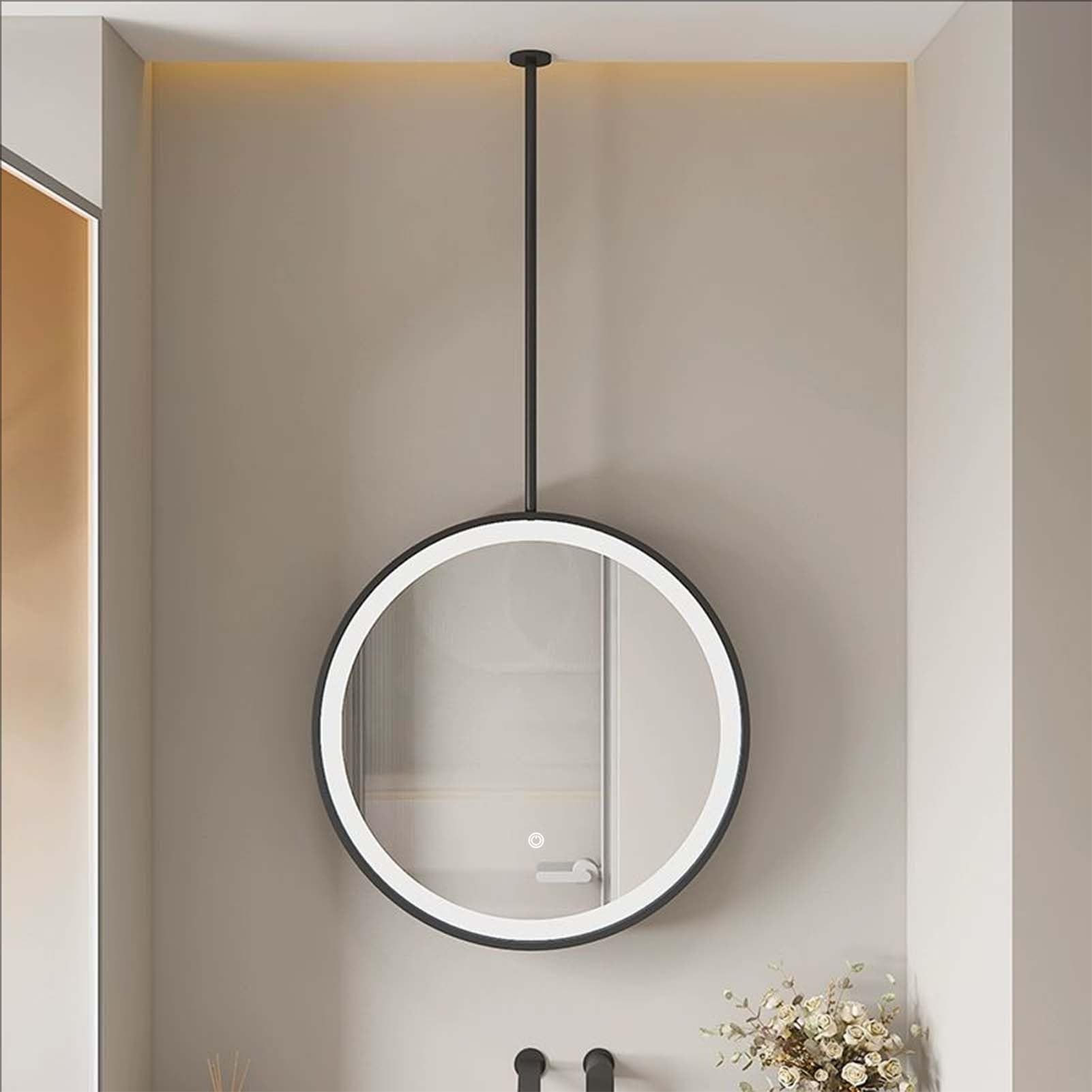 GLJTUO Ceiling Mounted LED Mirror with Metal Frame and Hanging Rod, Wall Vanity Suspended Floating Decorative Mirrors for Bathroom Living Room Hallway,Black-1L x 1W cm