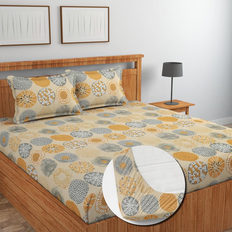 Image of NEW LEAF Glace Cotton Fitted King Size Double Bedsheets with 2 Pillow Covers | Elastic Fitted | Wrinklefree | Ultrasoft |Winter Bedsheet 220 tc tc Floral | 78 x 72+10 Inches, Cream Grey