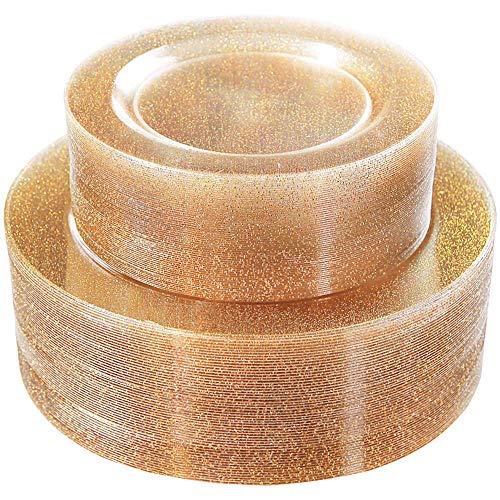 WDF 120PCS Gold Plastic Plates- Disposable Gold Glitter Plates Premium Heavy Duty 60-10.25 Dinner Plate and 60-7.5 Salad Plate for Wedding Baby Shower Spring Birthday