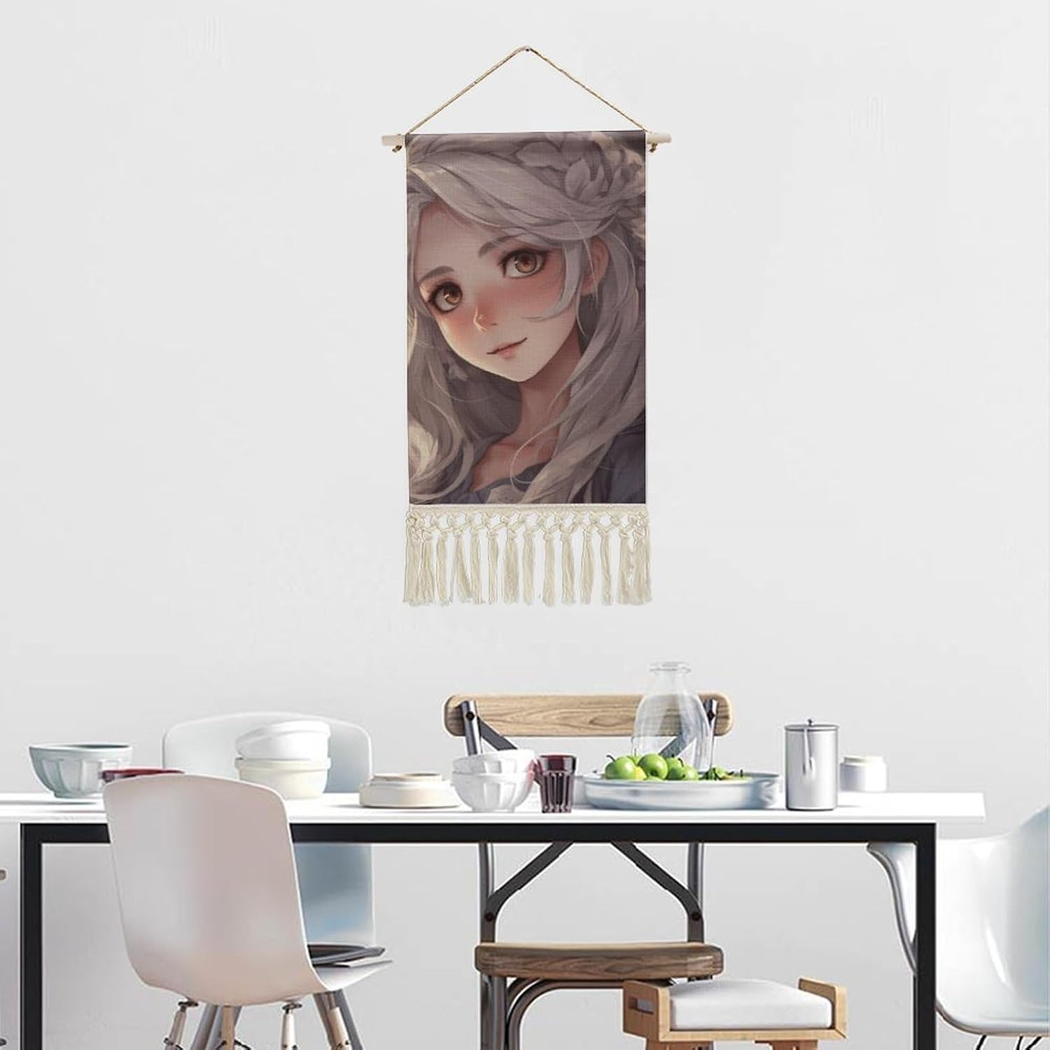 LLUTSNTH White Hair Anime Women Poster Hanger Frame with Tassel Vertical Wall Art Prints Wooden Frame Wall Hanging Tapestry for Living Room Office Bedroom Decoration Ready to Hang 10x19.6 Inch image 4