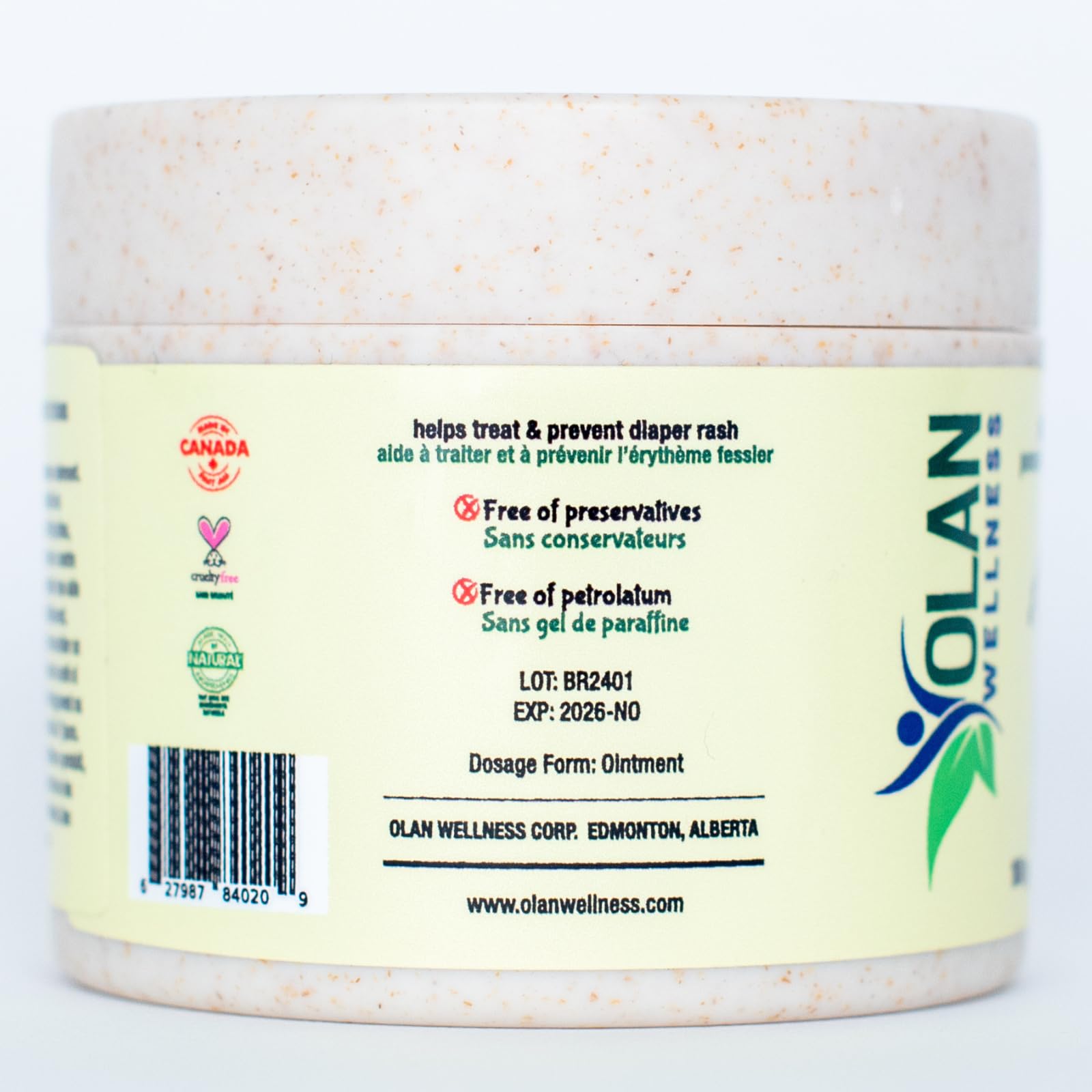 Olan Wellness Diaper Rash Cream - Natural Ingredient Ointment for Baby Bottom Sensitive Skin, Soothes, Heals, and Protects With Zinc Oxide Cream - Baby Skin Care (3.52 ounces)