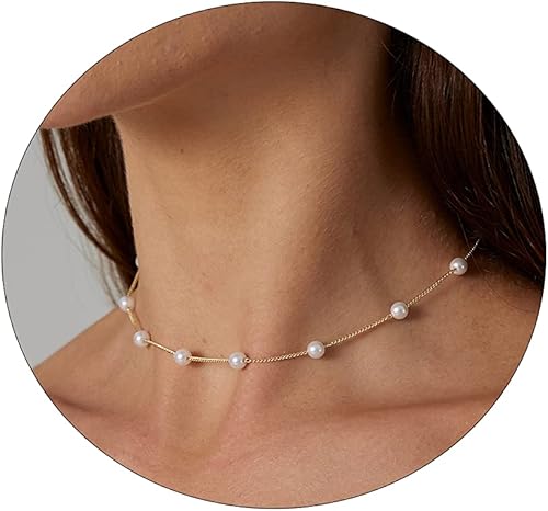 ASCOMY Delicados collares de perlas para mujer, chapados en oro de 14 quilates, grueso, media perla, cadena de palanca, minimalista, con clip de