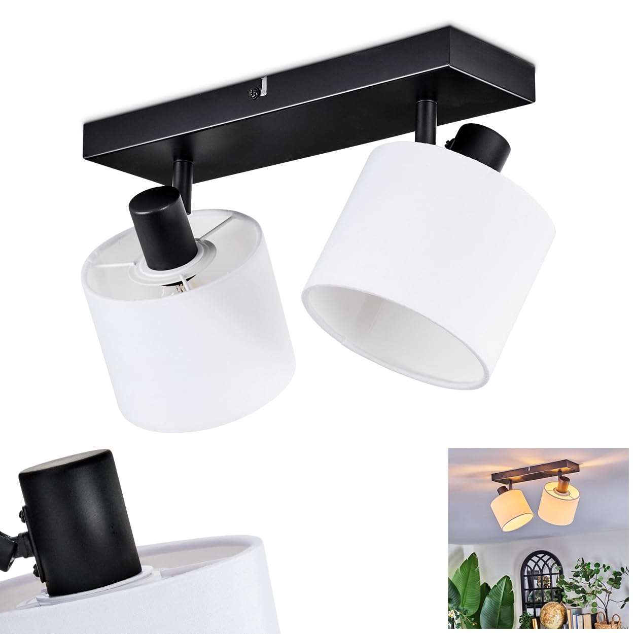 HOFSTEIN Lámpara de techo Bassagoda, lámpara de techo de metal/tela en negro/blanco, lámpara ajustable de diseño moderno (pantallas de 12 cm de diámetro), 2 x E14, comedor, salón, dormitorio, cocina
