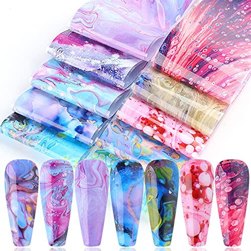 Holographic Foils for Nails Starry Marble Wraps Nail Sticker Flowing Starry Sky Design Colorful Gradient Manicure Sliders Charm Adhesive Spring Nail Decoration Set for Acrylic Nail 10pcs