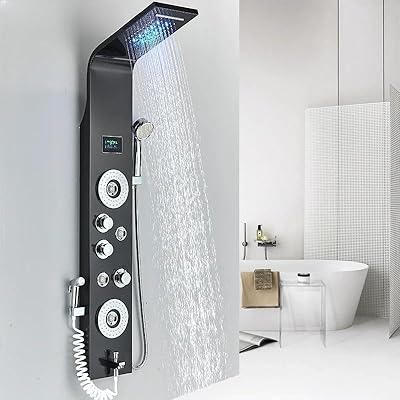 Wanmivezlo LED Shower Panel Tower System – Multi-Function Shower System with LED Rainfall & Waterfall, Handheld Sprayer, Massage Jets & Temperature Display for a Spa-Like Experience at Home. (Black)