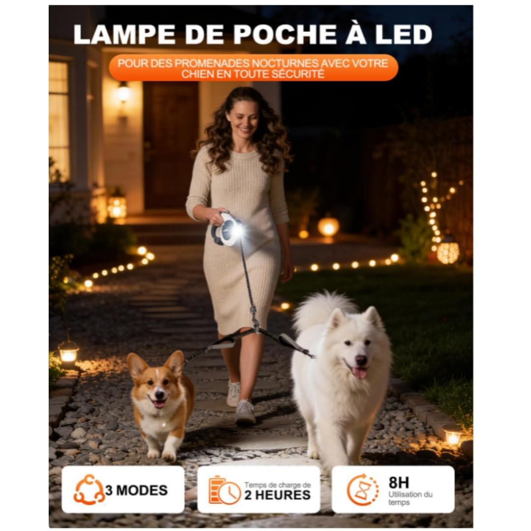 Retractable Leashes for Medium and Large Dogs Up to 50kg - Single Mode 5m & Double 5m+65cm, LED 155mAh, Brake Button at The Top, ABS+PC Heavy Duty Material, Safety Buckle & Door (L， 30-50KG)