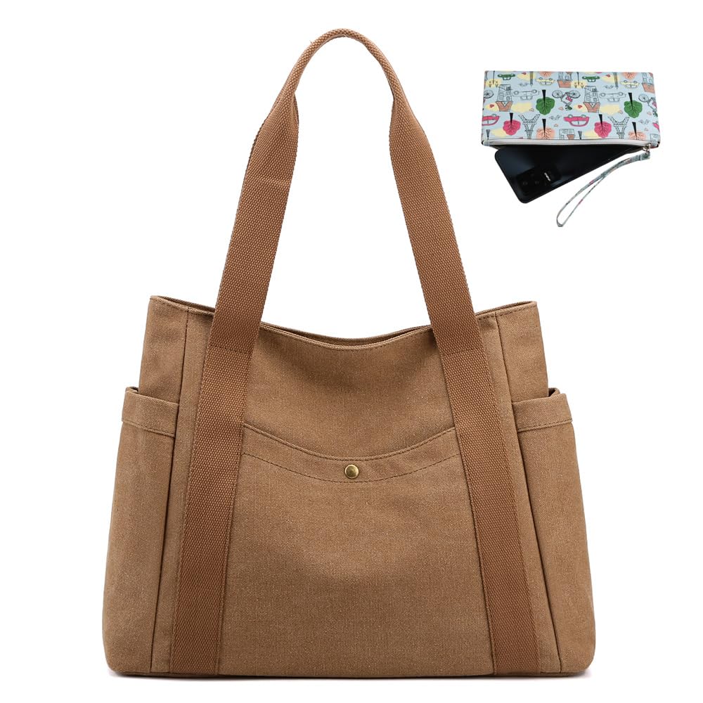 JIANLINST Women's Canvas Tote Handbags Multi-pocket Retro Casual Shoulder Bag Top Handle Satchel Tote Purse