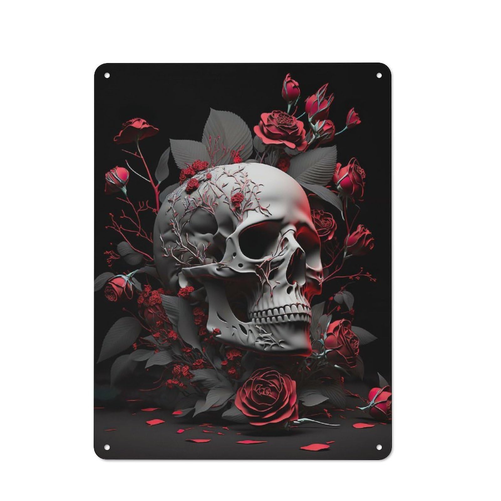Vintage Metal Plaque 40x30cm Featuring Red Roses Skull for Home Bar Wall, A Metal Wall Feature for Home Bars And Entertaining Spaces