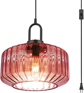 Plug in Hanging Light Glass Globe Pendant Light Plug in Mid Century Modern Pendant Light Fixture with 14.7 ft Cord Purple Striped Glass Shade for Living Dining Room Farmhouse Kitchen
