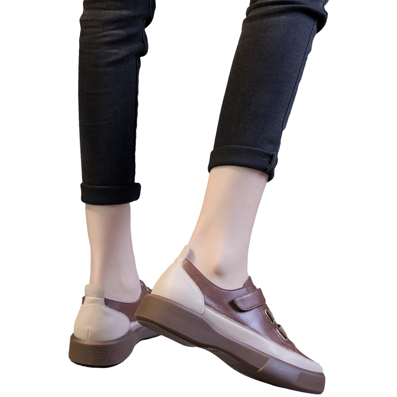 Damen Retro Stil Low Top Sneaker aus Echtem Leder Weicher Sohle Loafer Schuhe mit Klettverschluss