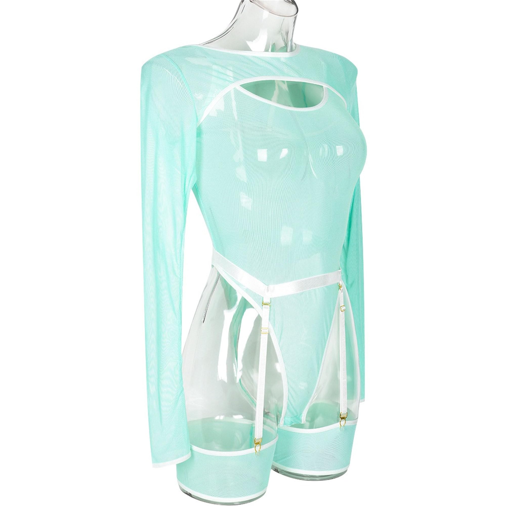 Conjunto de Lencería Transparente con Tirantes para Mujeres Body de Manga Larga de Tela Transparente Elástica Liga Hueca de Encaje con Armadura