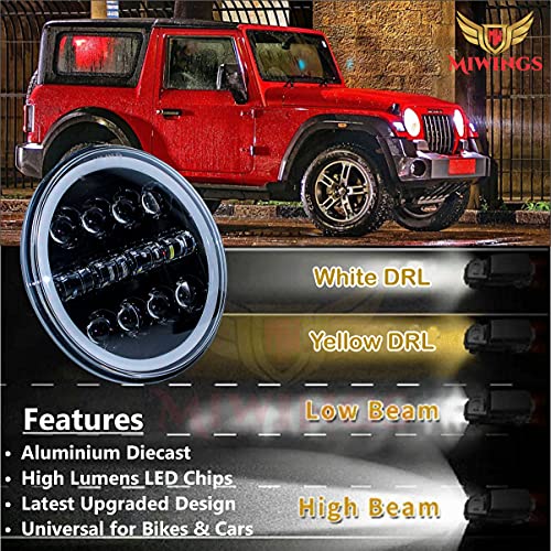 Image of Miwings 7 inch Round LED 4DR8CB Hi /Low Beam Amber & White Headlight 75W H4 Compatible with Royal Enfield, Jeep, Thar, motorcycle, Cars, Harley Davidson