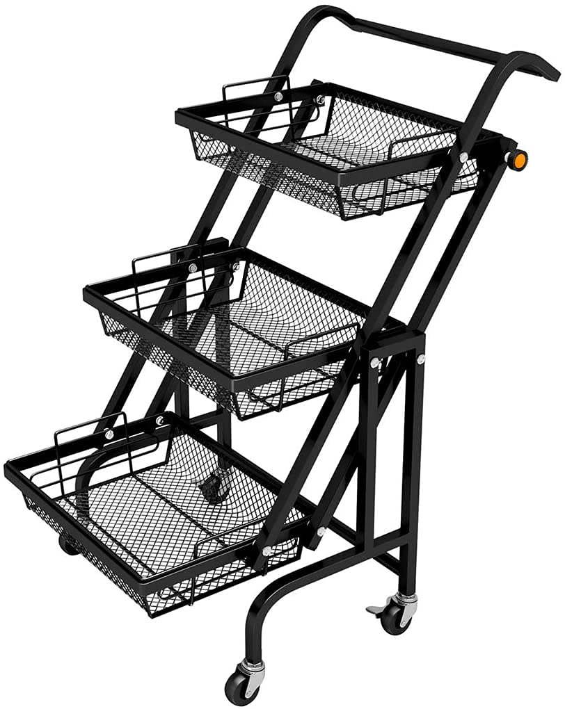 3 Tier Mesh Utility Cart, Rolling Metal Organization Cart with Handle and Lockable Wheels, Multifunctional Storage Shelves for Kitchen Living Room Office by UONE (Black)