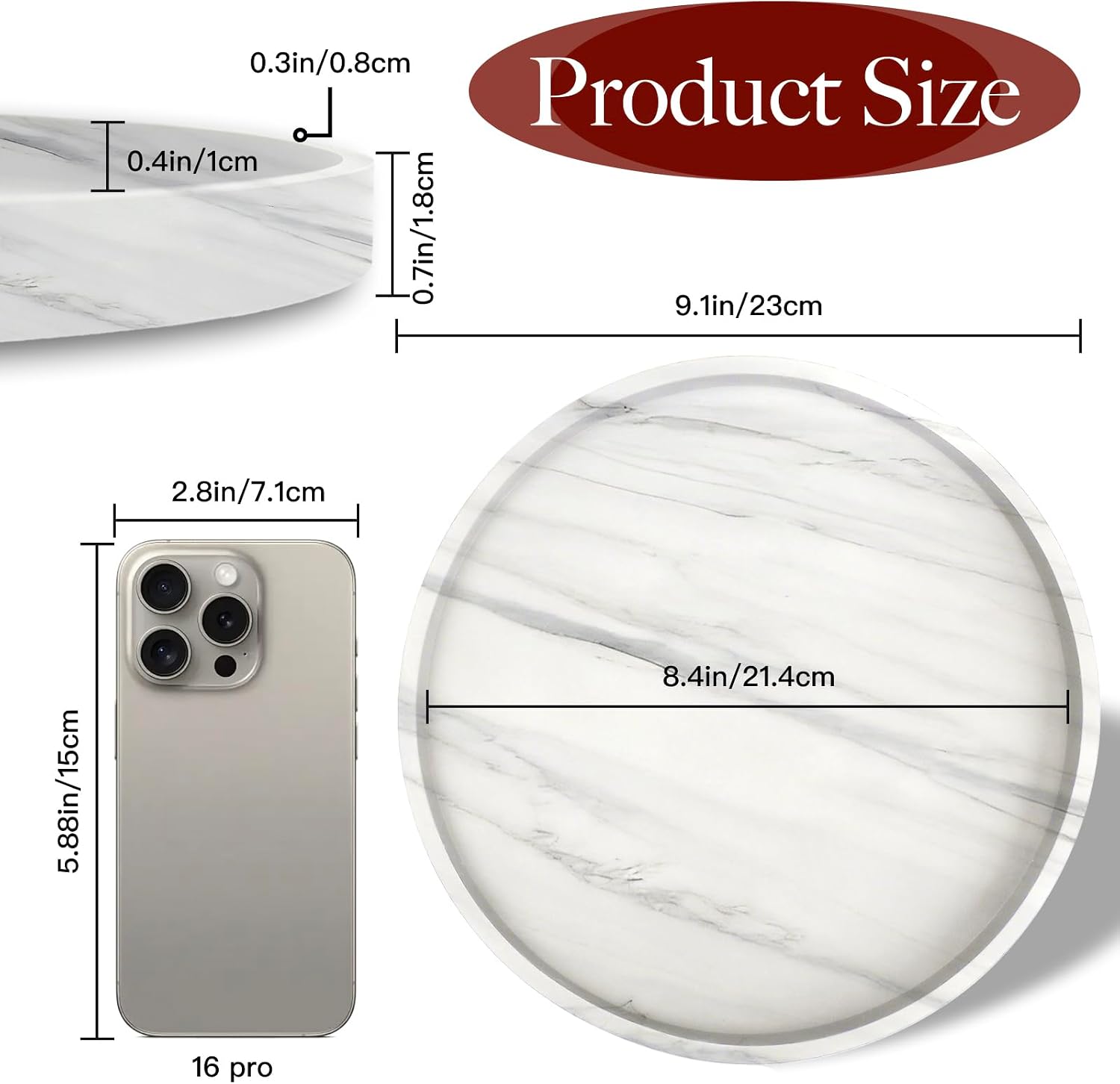 9.1 Inch Silicone Bathroom Tray, LIOUCBD Decorative Soap Holder, Kitchen Countertop Organizer, Round Vanity Tray for Candle Perfume Plant Jewelry Key Lotion Bottles (White Marble) image 2