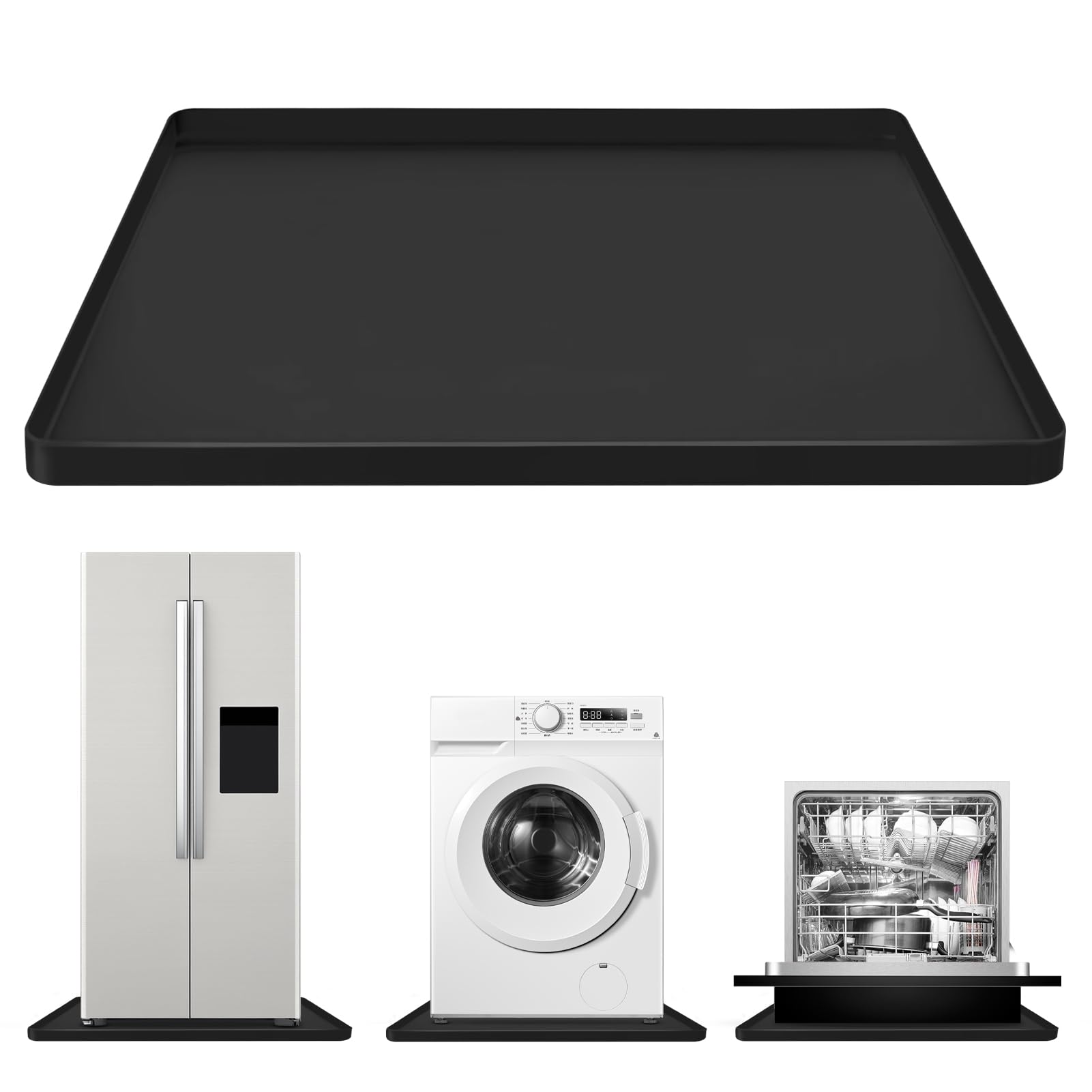 Washing Machine Mat Silicone for Small Compact Washer and Dryer Under/Top, Drain Pan Drip Tray Floor Protector Non-Slip Flexible Soft Mat Waterproof 27"x27" Black