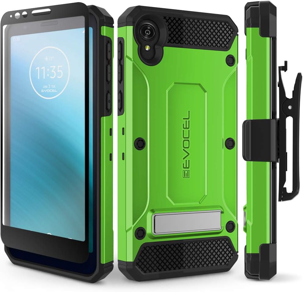 Evocel Motorola Moto E6 Case Explorer Series Pro with Glass Screen Protector and Belt Clip Holster for The Motorola Moto E6, Green