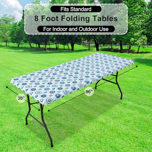 misaya Rectangle Vinyl Tablecloth, Fitted Table Cover, 100% Waterproof, Elastic Edge, Flannel Backing, Table Cloth Fit 8 Foot Folding Tables for Picnic, Outdoor (Navy Mandala, 30x96 inch) by misaya - Used condition - Image 7