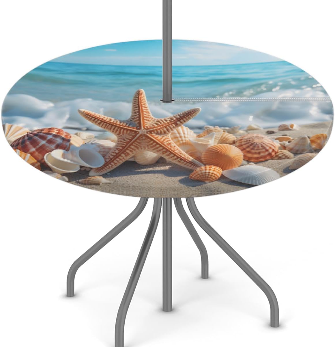 Outdoor Round Tablecloth with Umbrella Hole, Shell Starfish Fitted Table Cloth with Elastic 45"-56" Waterproof Oil-Proof Circle Patio Table Cover for Picnic Camping Party