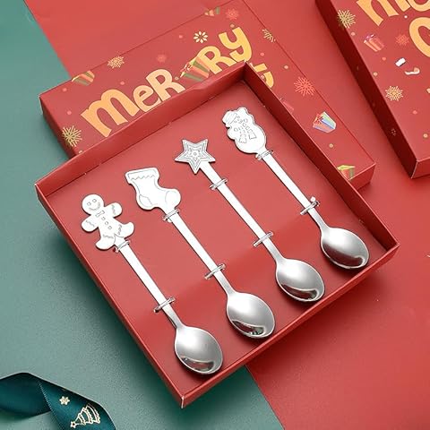 Christmas Spoon 4pcs Stainless Steel Christmas Tree Tea Spoon for Home, Xmas Coffee Spoon Dinner Forks Dessert Spoon Stirring Spoon Ice Cream Spoon Creative Tableware Gift, Holiday Party (Silver) Cover