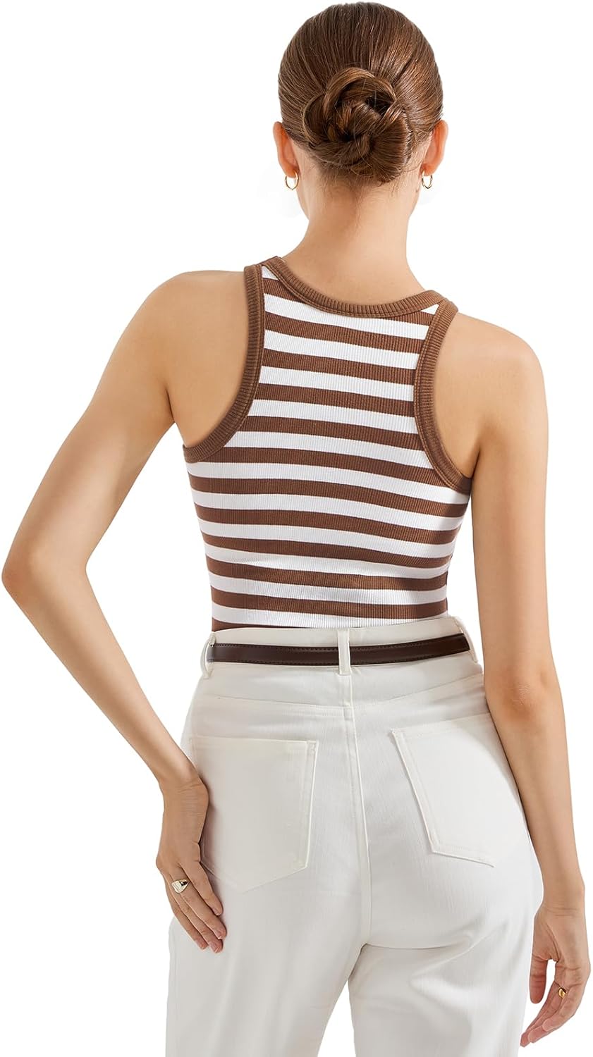 SUUKSESS Women Padded Cotton Ribbed Tank Tops Sleeveless Basic High Neck Racerback Tops(Brown White Stripe, XL) - Image 5
