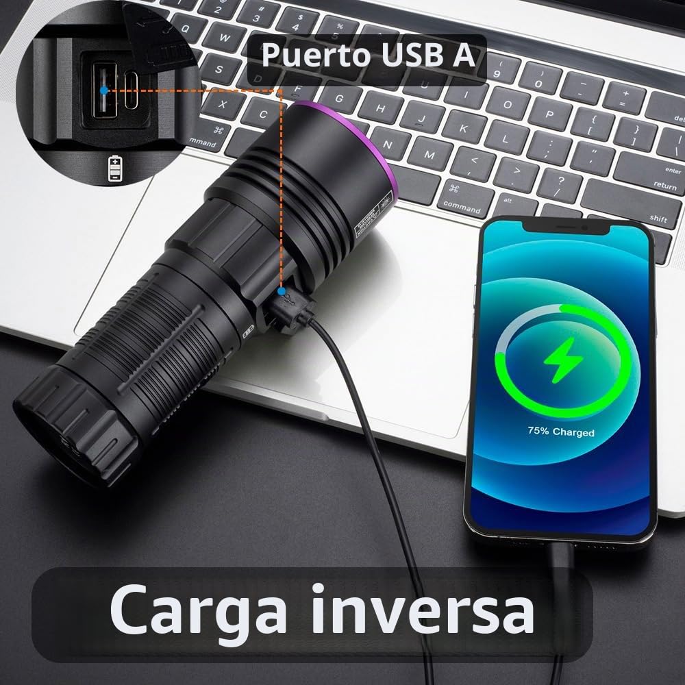 Alonefire SV119 Linterna UV 90W 365nm Profesional Recargable USB C Potente Pantalla Digital Luz Negra para Resina, Pesca, Escorpión, Minerales, Pegamento, Ámbar con Gafas Protectoras UV, Batería