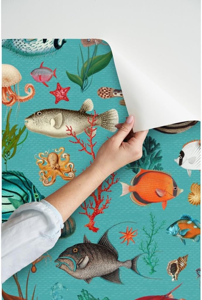 Peel & Stick Wallpaper 3ft x 2ft - Fish Underwater Teal Blue Animals Custom Removable Wallpaper by Spoonflower