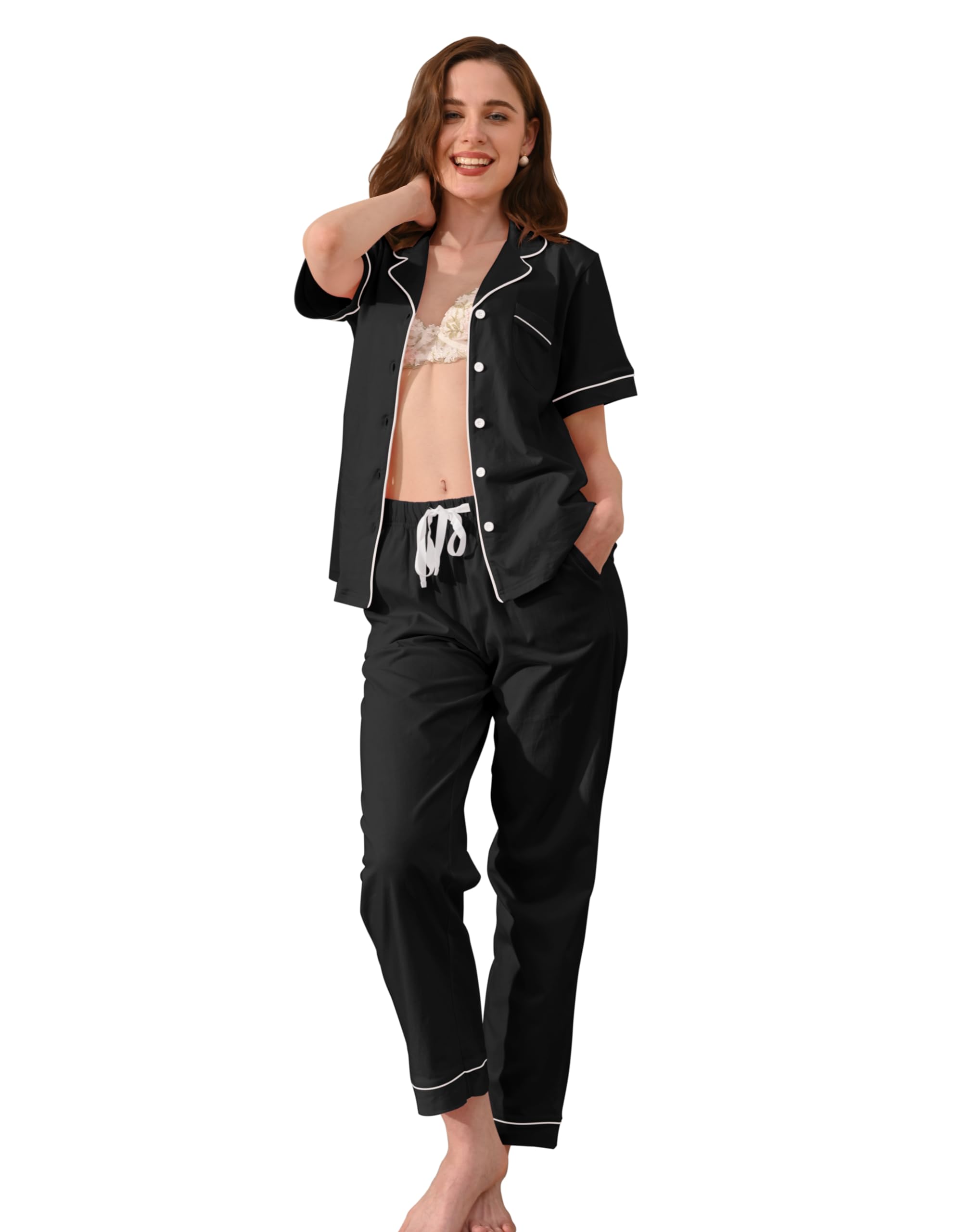 NAP BOUND 100% Cotton Women's Pajama Sets Short Sleeve Button Down Soft Pjs 2 Piece Lounge Set with Pocket Nightwear XS-XXL