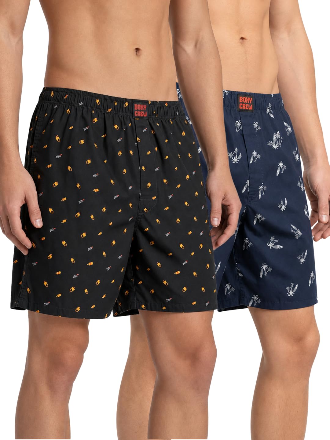 boxy crew Men's 100% Cotton Printed Boxer Shorts Pack of 2 with Dual Side Pockets and Fabric-Covered Waistband - Black/Navy Blue, Styles MBX016, MBX025-picture-41